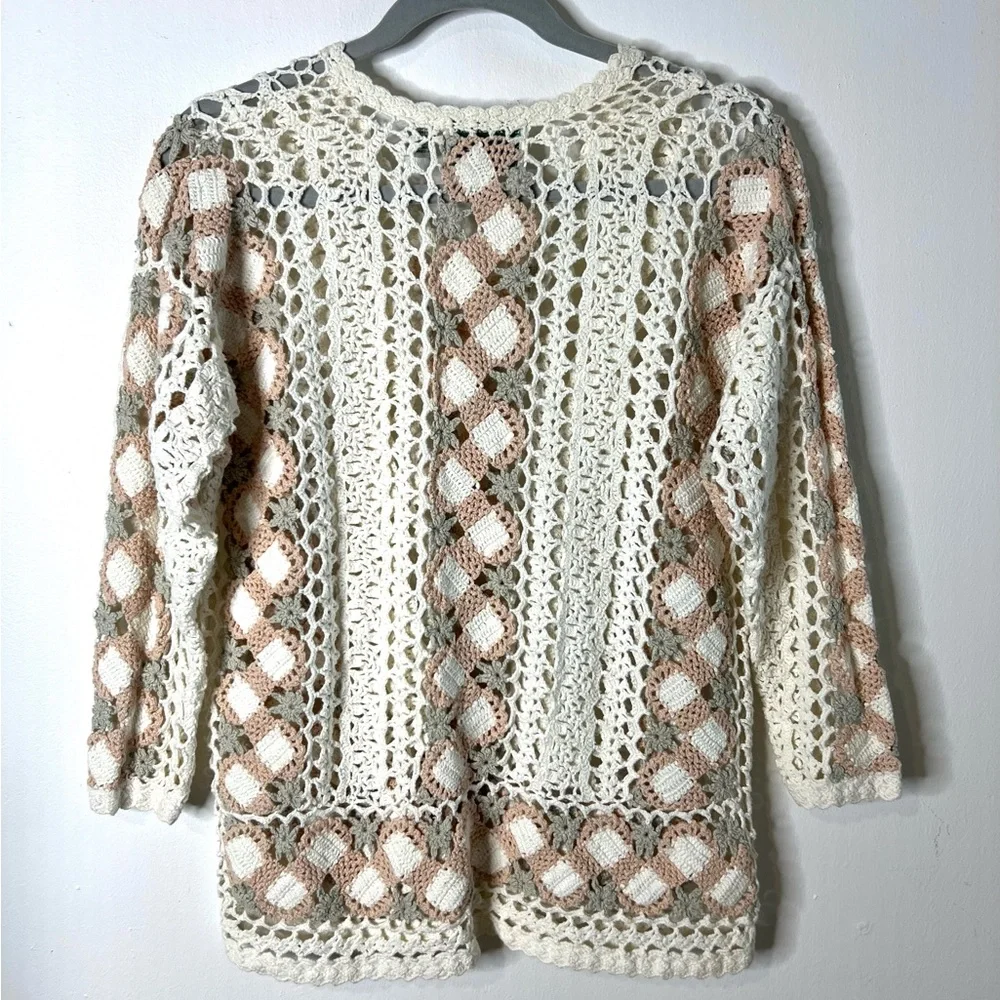 Shenanigans Crochet Top Sweater 3/4 Sleeves Boho Ramie Cotton SZ M EUC